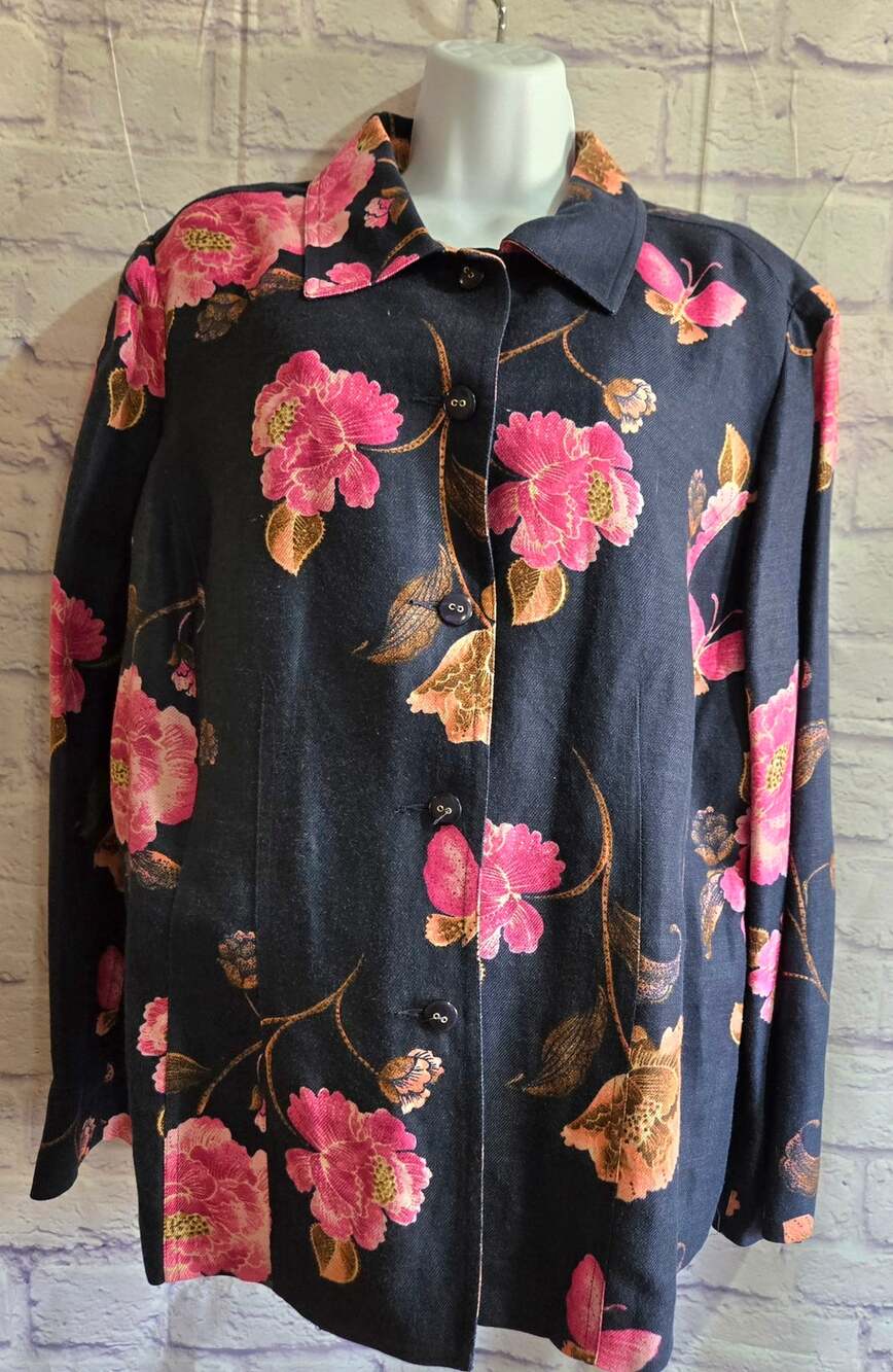 Emma James Dark Blue Pink Floral Button Up Shirt 16W Plus Pointed Collar